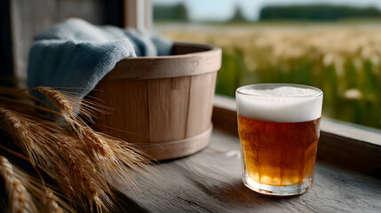 Cold Glass of Craft Beer with Wheat Ears on Rustic Wooden Windowsill