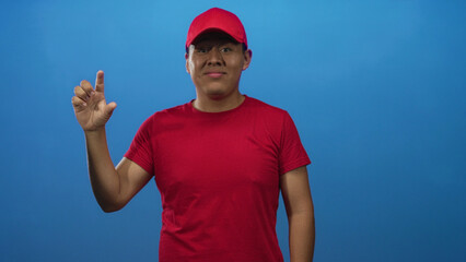 Man in red cap pinching fingers with raised hand and squinting face in studio; playful expression gesture.
