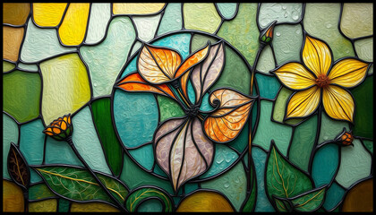 Colorful stained glass window. Botanical pattern. Multicolored interior design template.