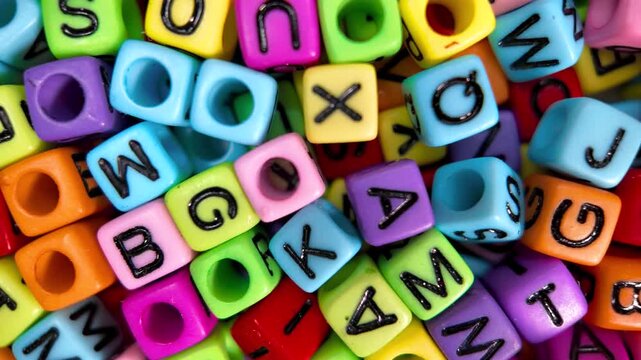 Close up slow motion view of colorful letter beads randomly placed.