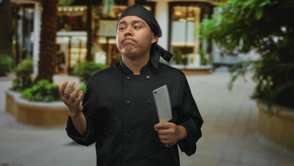 Man chef in black uniform holds cleaver with both hands in front in outdoor street plaza near building storefront and plants; pride craftsmanship.