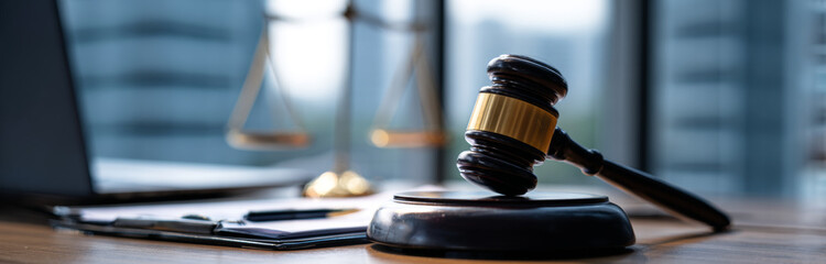 Legal gavel and brass balance scale placed on documents in a judicial setting