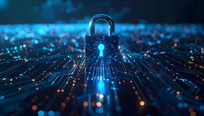 Secure Digital Fortress: A glowing lock symbolizes the fortification of digital security and data protection, showcasing the intersection of technology and safeguarding in a dynamic.
