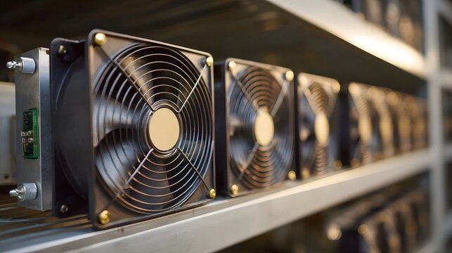 Industrial cooling fans for computer hardware are arranged in a row on metallic shelves