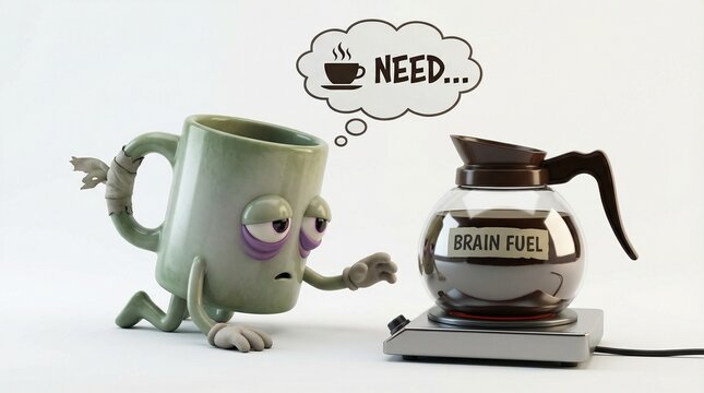 Funny Cartoon Zombie Coffee Mug Character Crawling Desperately for Coffee - Morning Fatigue and Caffeine Addiction Concept