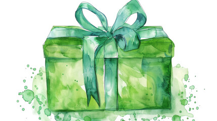 Green gift box watercolor isolated on white background