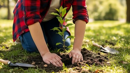 Woman planting young tree in garden with shovel on sunny green grass background