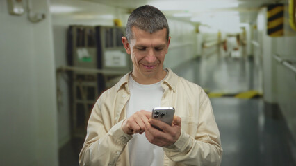 Caucasian man using smartphone onboard a cruise ship indoors, showcasing relaxed connectivity at sea with a smile in a hallway.
