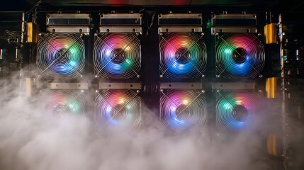 Rows of colorful glowing computer cooling fans illuminated by RGB LEDs and shrouded in mist highlighting advanced technology and powerful hardware