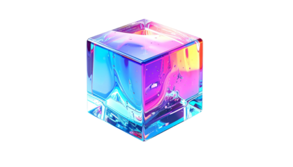 A vibrant, iridescent glass cube floats against a deep black backdrop