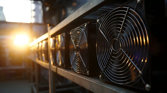 Industrial server rack cooling fans brightly lit by a dramatic sun flare