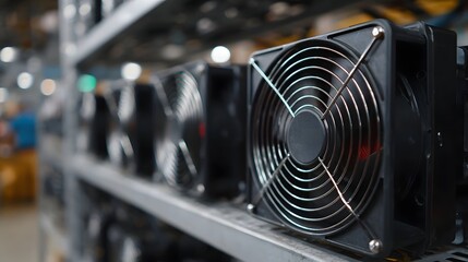 Multiple black cooling fans lined up on shelves in a row essential for technology infrastructure and data processing