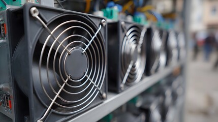 Row of industrial server cooling fans highlighting technology and ventilation equipment