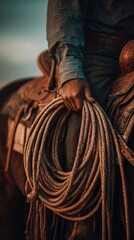 Cowboy Gloved Hand Holding Lasso Rope, Closeup Photo.