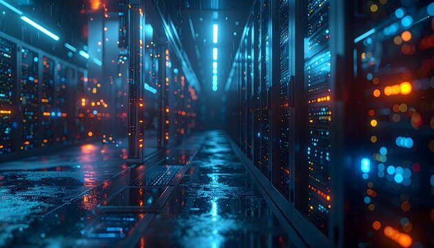 Digital Hub: Illuminated data center, a technological marvel, glows with intricate servers and network equipment, showcasing the digital world's core. - Powered by Adobe