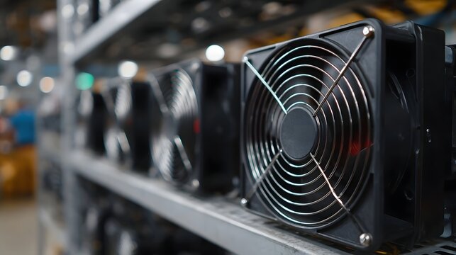 Multiple black cooling fans lined up on shelves in a row essential for technology infrastructure and data processing - Powered by Adobe