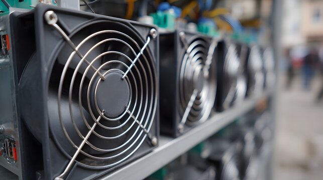 Row of industrial server cooling fans highlighting technology and ventilation equipment - Powered by Adobe