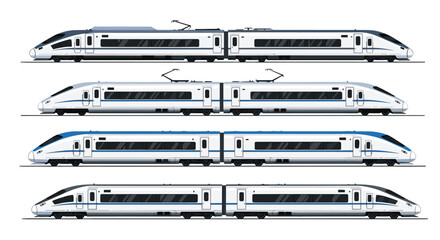 Modern high speed train designs are shown in profile view highlighting sleek aerodynamic shapes and futuristic transportation.