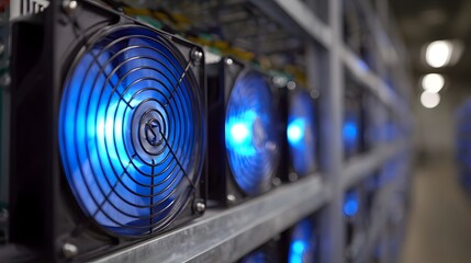 Rows of glowing blue cooling fans installed in industrial server racks providing essential ventilation for high performance computing equipment
