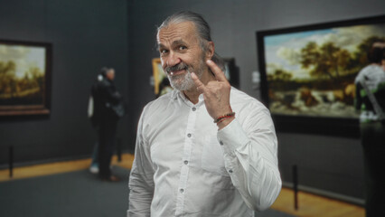 Man with hoary long hair and beard makes rock horns gesture in art gallery building among framed...