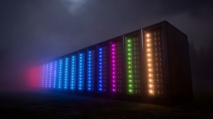 A long row of illuminated server racks glows with vibrant multi colored lights in a foggy night setting