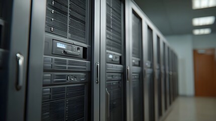 A row of server racks in a modern clean data center room emphasizing technology and infrastructure