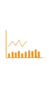 Orange bar graph with rising trend and small green circle on white background data. Graph chart indicating strong upward growth and success trends, high quality vertical.