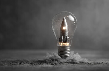 Light bulb with a metallic rocket engine resembling a space shuttle, featuring a smooth conical nose, cylindrical body, and metallic texture, combined with a glass enclosure and a