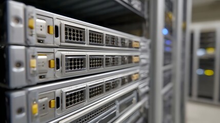 A close up view of stacked server racks in a modern data center showcasing metallic chassis and numerous network ports
