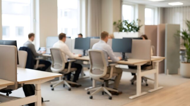 Modern office environment with people working at desks, promoting productivity and collaboration in a bright, open-plan space