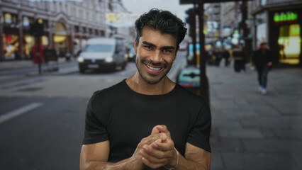 Man clapping hands on busy urban street lined with shops and passing vehicles under daylight;...