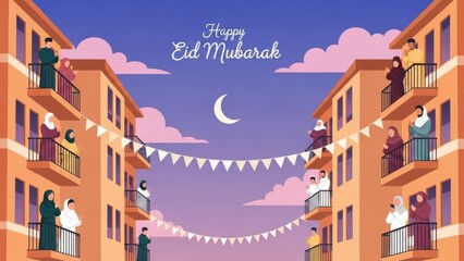 People celebrating Eid Mubarak on balconies with festive decorations