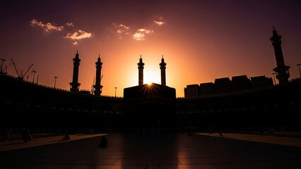 Holy Kaaba in Masjid Al-Haram, Mecca, Saudi Arabia during sunset with silhouette of minarets