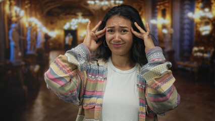Young hispanic woman holding temples and grimacing from headache in museum gallery filled with sculptures; sensory overload discomfort.