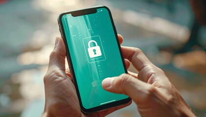 Phone Security in Focus: An up-close view shows a hand interacting with a smartphone screen displaying a secure padlock icon, signifying data protection and digital safety.