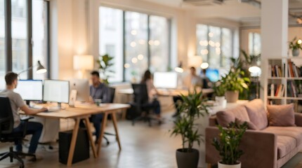 Obraz premium Blurred contemporary office interior with diverse professionals diligently engaged at their individual desks, fostering a productive and collaborative business environment
