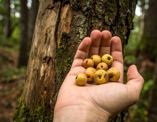 Hand Holding Small Wild Yellow Berries or Fruits Gathered in a Lush Green Forest Next to a Mossy Tree Trunk for Nature Harvest Concept