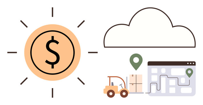 Supply chain management, logistics, cloud storage, cost efficiency, delivery tracking, financial optimization. Visual of a dollar symbol, cloud forklift warehouse and map. Supply chain management