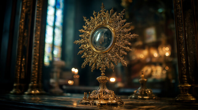 monstrance. Intricate golden monstrance on altar reflecting candlelight. event programs, museum guides, designed for cultural heritage projects and event programs, used by performance marketers.