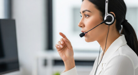 Female customer service representative is engaged in a conversation using a headset while working at a modern office desk with a computer