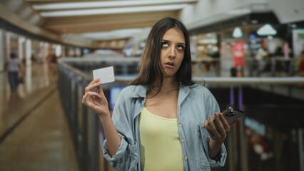 Woman holds creditcard and smartphone in hand inside mall building, eyes rolled and shoulder...
