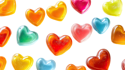 Heart shaped caramel and colorful hard candies arranged in a sweet romantic candy display valentines symbol on transparent background