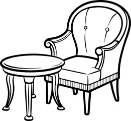 Black and white chair table coloring page , white background