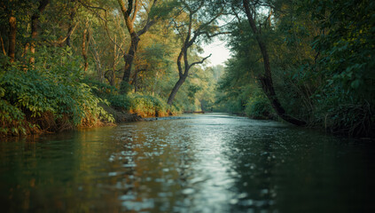Lush riverside forest at golden hour with calm water and tranquil atmosphere