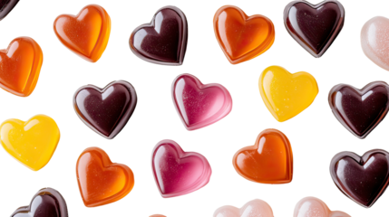 Heart shaped caramel and colorful hard candies arranged in a sweet romantic candy display valentines symbol on transparent background