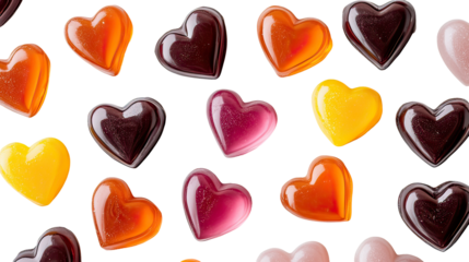 Heart shaped caramel and colorful hard candies arranged in a sweet romantic candy display valentines symbol on transparent background