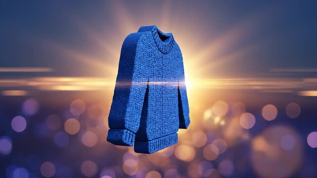 A blue sweater is prominently displayed against a blurred background with warm light. The soft texture of the blue sweater brings focus to its cozy appearance and design.