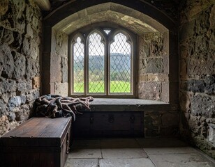 Ancient Stone Castle Interior Window Seat with Wooden Chests and Cozy Blanket Overlooking Lush Green Rolling Hills Landscape