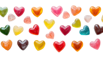 Heart shaped caramel and colorful hard candies arranged in a sweet romantic candy display valentines symbol on transparent background