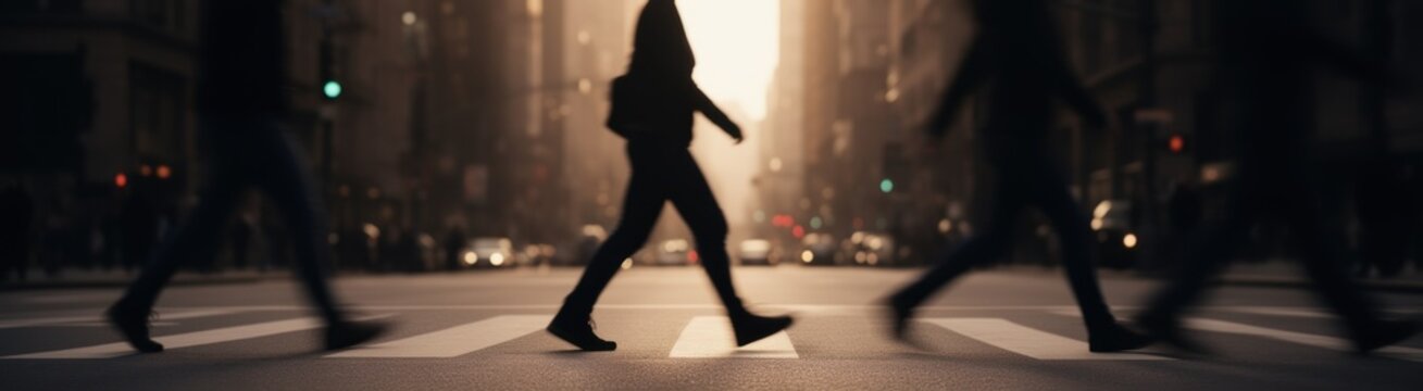 People walking across a crosswalk in a city at night motion blur